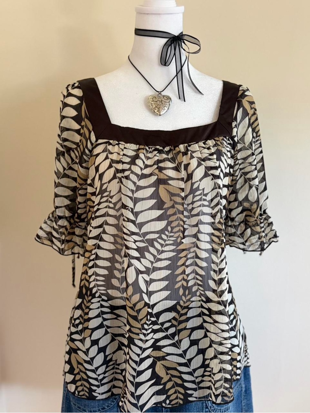 Vintage Y2K fairy sheer babydoll blouse puff sleeve mori kei floral leaf brown L